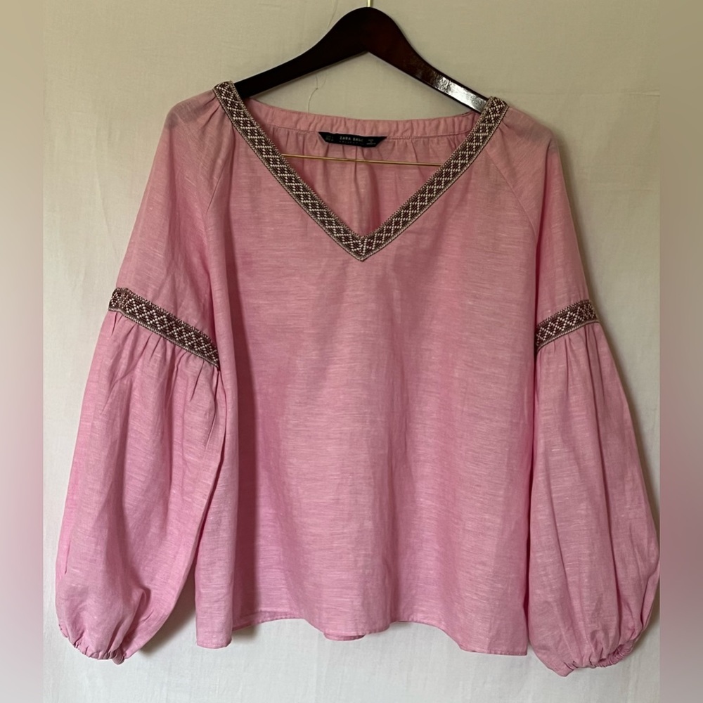 Preowned- Zara Basic Collection Lt.  Pink Cotton Linen Top W. balloon Sleeves- L